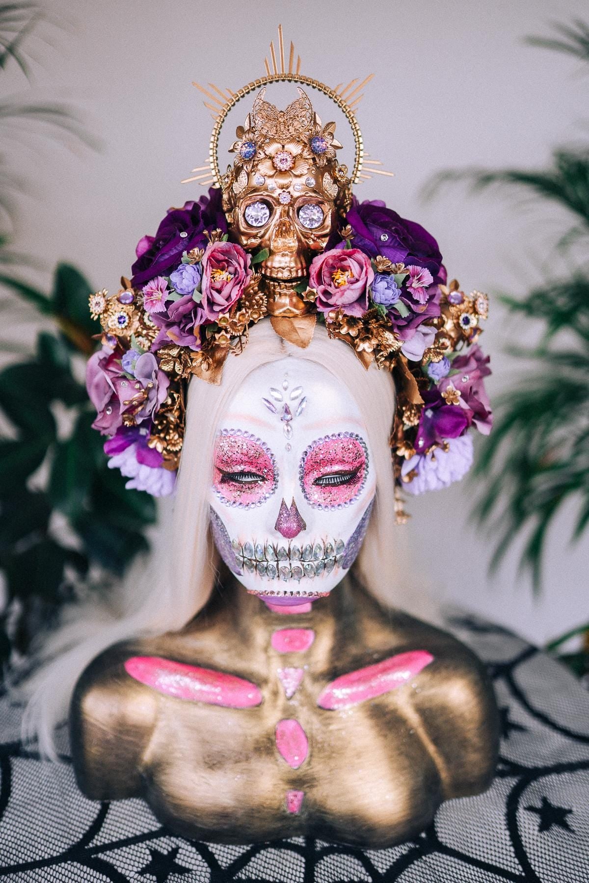 La Catrina Skull Flower Crown, Día De Los Muertos Headpiece, Purple Roses, Halloween Halo Tiara, Mexican Festival Costume, Sugar Skull Queen