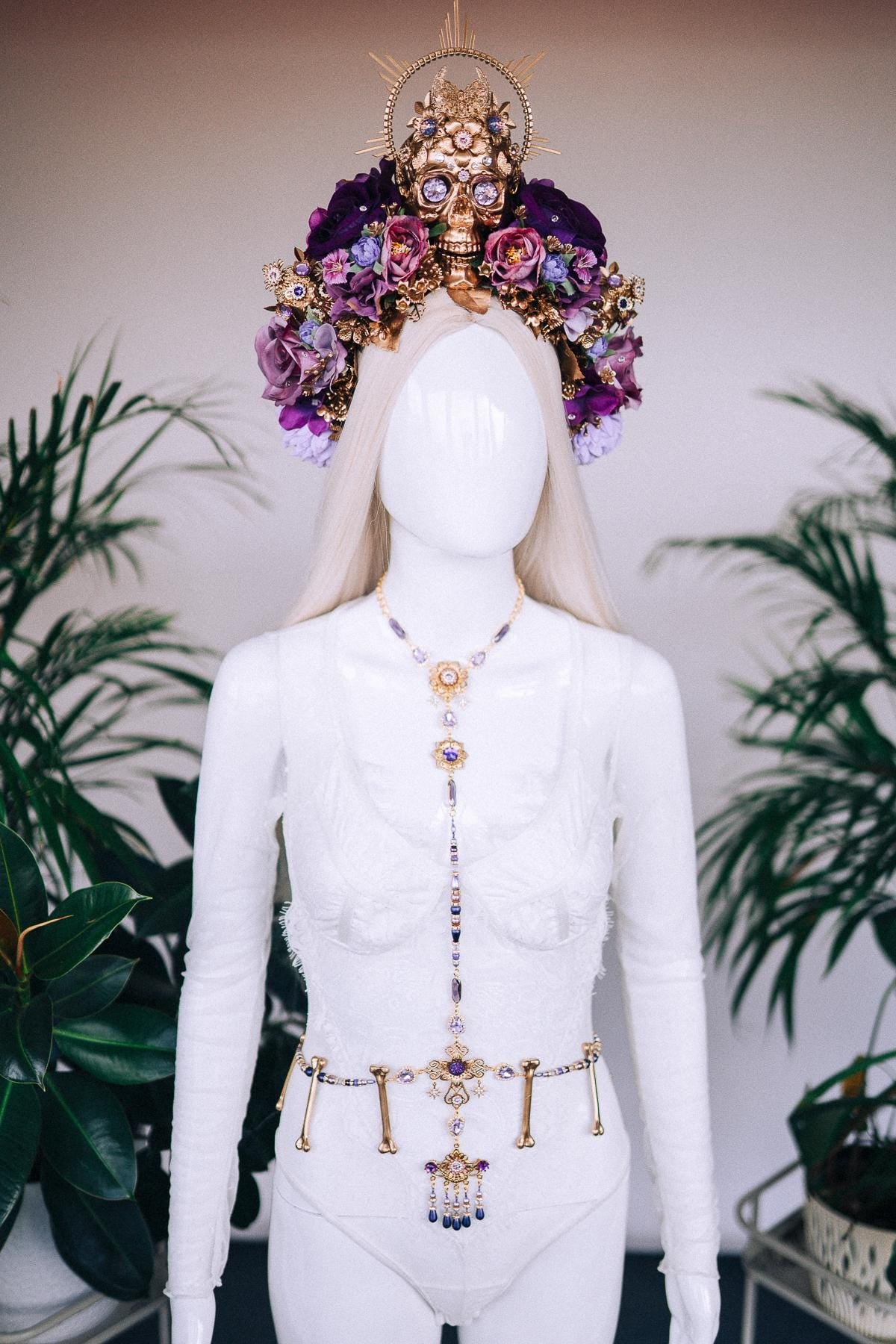 La Catrina Harness Necklace, Gold Body Jewelry, Dia De Los Muertos, Sugar Skull Necklace, Statement Festival Necklace, Mexican Jewelry