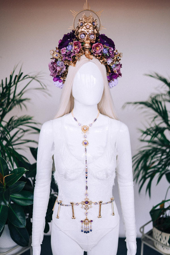 La Catrina Harness Necklace, Gold Body Jewelry, Dia De Los Muertos, Sugar Skull Necklace, Statement Festival Necklace, Mexican Jewelry