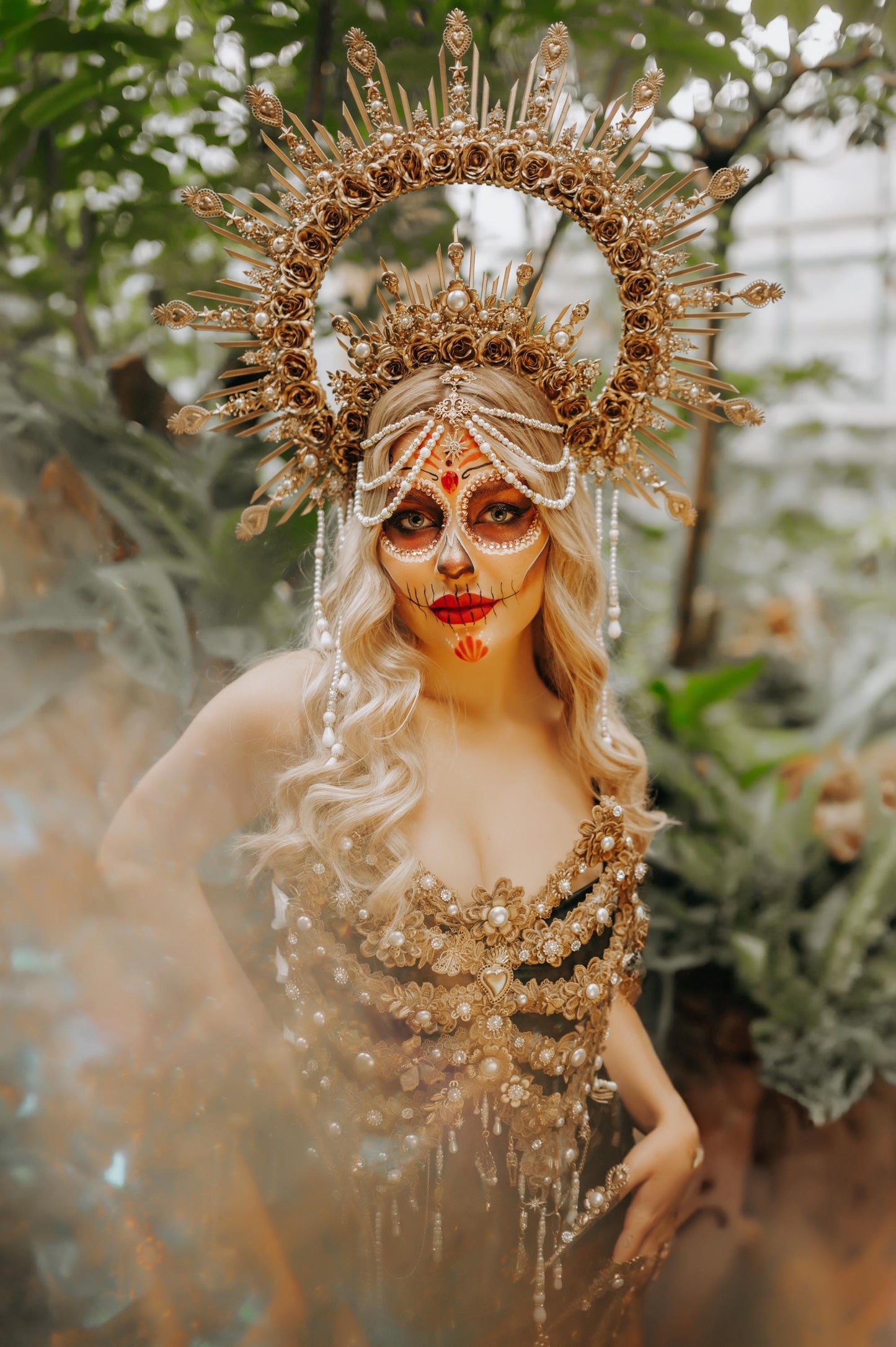 Golden La Catrina Halo Crown, Flower Crown, Día De Los Muertos, Sugar Skull, Pearl Bridal Crown, Festival Headpiece, Gold Rose Crown