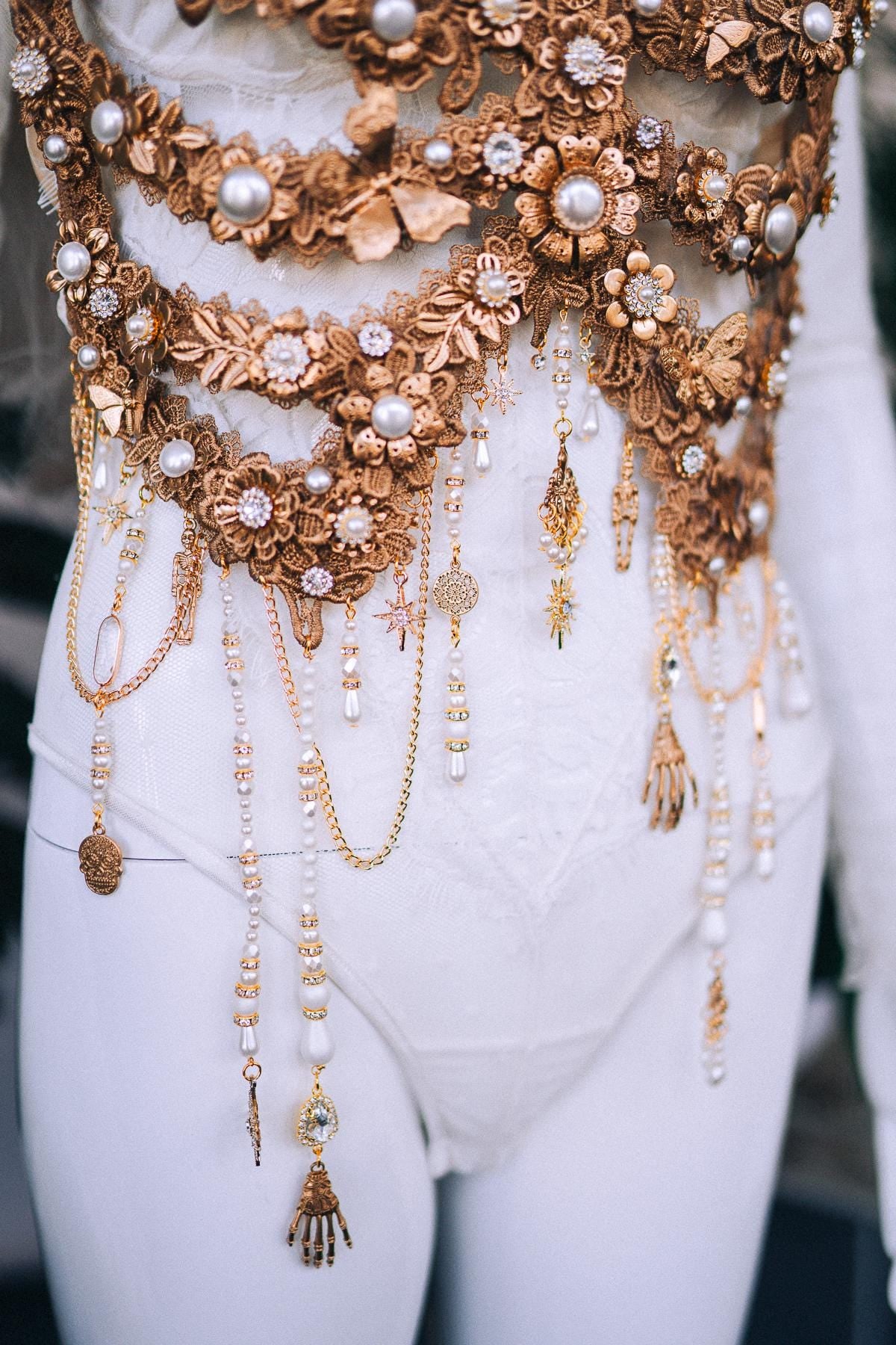 Golden Ribcage Body Jewelry, Dia de los Muertos, Skeleton Harness, Gothic Chest Piece, Pearl Statement, Halloween Costume, Festival Outfit