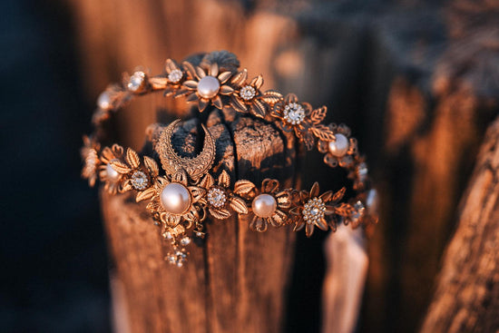 Celestial Moon Crown, Wedding Tiara, Goddess Headpiece, Gold Bridal Crown, Pearl Flower Tiara, Boho Bride Accessory, Handmade Halo Crown