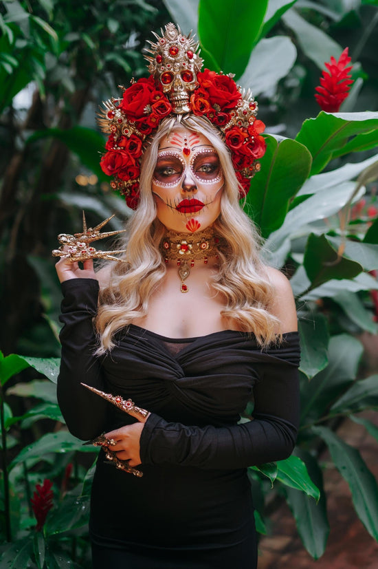 Red Catrina flower crown, Day of the dead