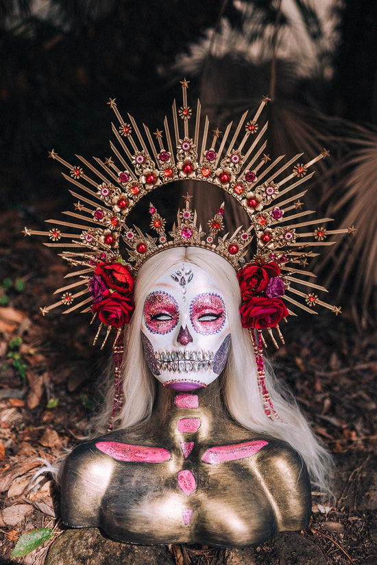 La Catrina Halo Crown, Dia De Los Muertos, Skull Tiara, Gothic Headpiece, Red Rose Crown, Festival Costume, Halloween Tiara,Floral Headdress