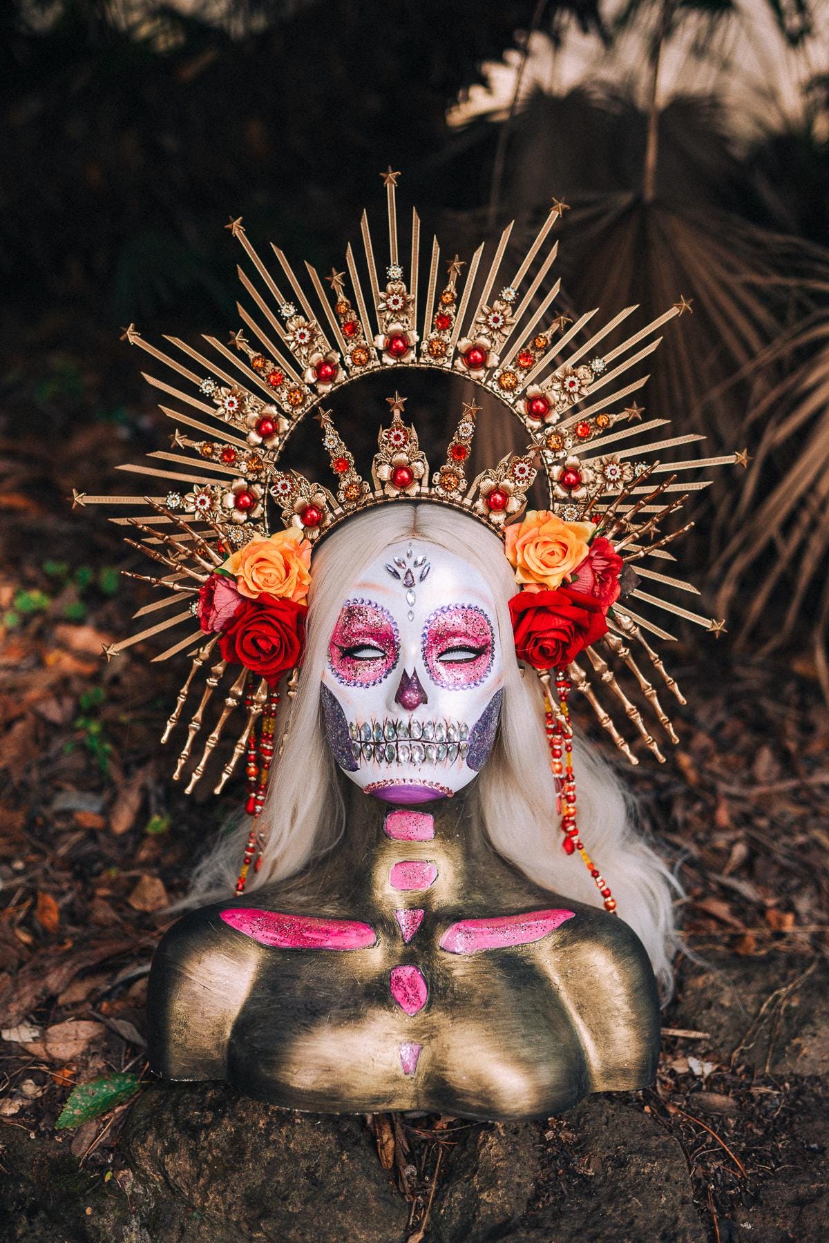 La Catrina Halo Crown, Gold Headdress, Day of the Dead, Skull Tiara, Mexican Headpiece, Floral Crown, Dia de los Muertos, Gothic Costume