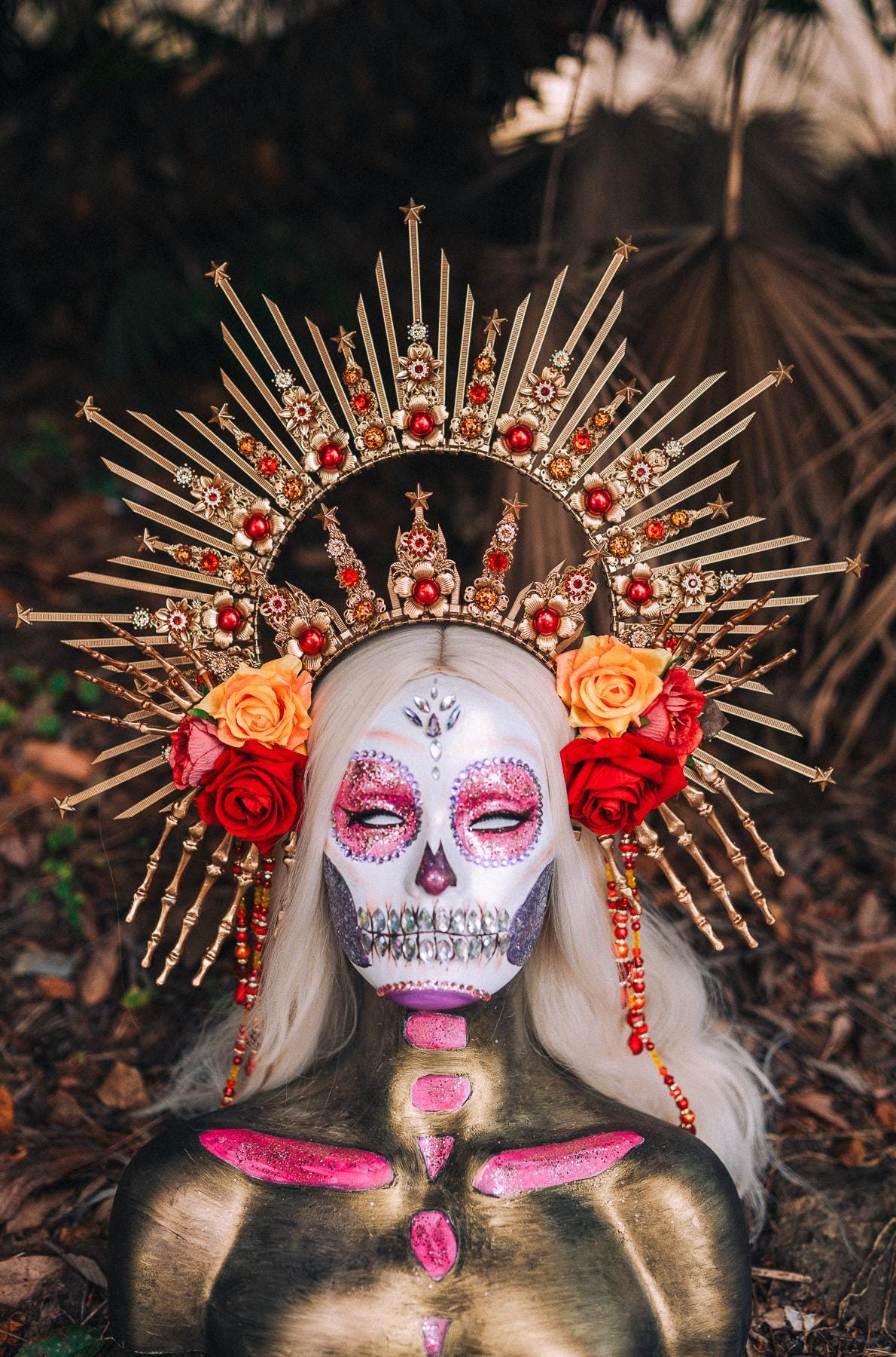 La Catrina Halo Crown, Gold Headdress, Day of the Dead, Skull Tiara, Mexican Headpiece, Floral Crown, Dia de los Muertos, Gothic Costume