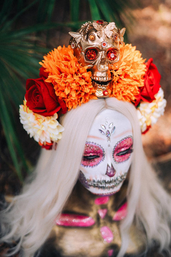 SALE Golden Skull Crown, Dia de los Muertos, La Catrina Headdress, Marigold Flower, Mexican Headpiece, Halloween Costume, Gothic Tiara
