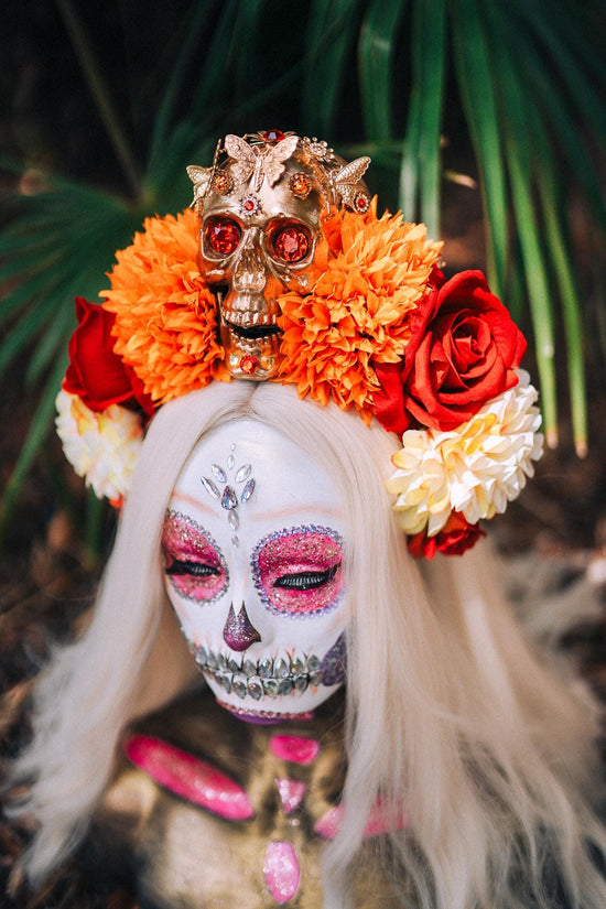 SALE Golden Skull Crown, Dia de los Muertos, La Catrina Headdress, Marigold Flower, Mexican Headpiece, Halloween Costume, Gothic Tiara