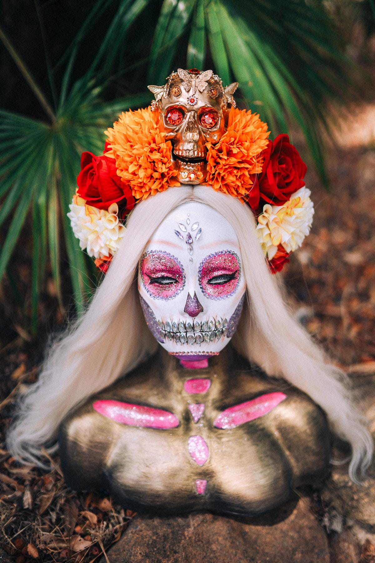 SALE Golden Skull Crown, Dia de los Muertos, La Catrina Headdress, Marigold Flower, Mexican Headpiece, Halloween Costume, Gothic Tiara