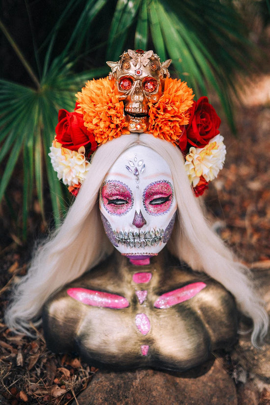 SALE Golden Skull Crown, Dia de los Muertos, La Catrina Headdress, Marigold Flower, Mexican Headpiece, Halloween Costume, Gothic Tiara