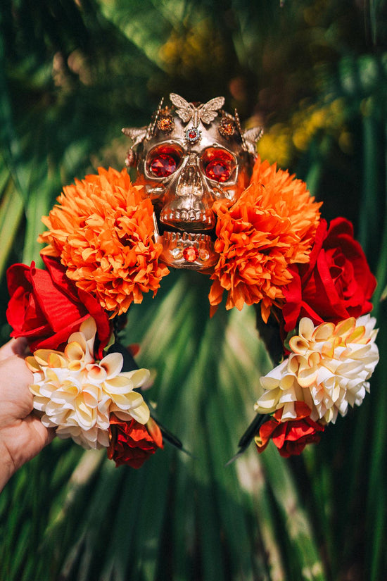 SALE Golden Skull Crown, Dia de los Muertos, La Catrina Headdress, Marigold Flower, Mexican Headpiece, Halloween Costume, Gothic Tiara
