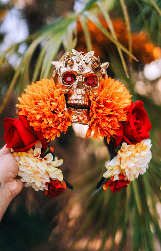 SALE Golden Skull Crown, Dia de los Muertos, La Catrina Headdress, Marigold Flower, Mexican Headpiece, Halloween Costume, Gothic Tiara