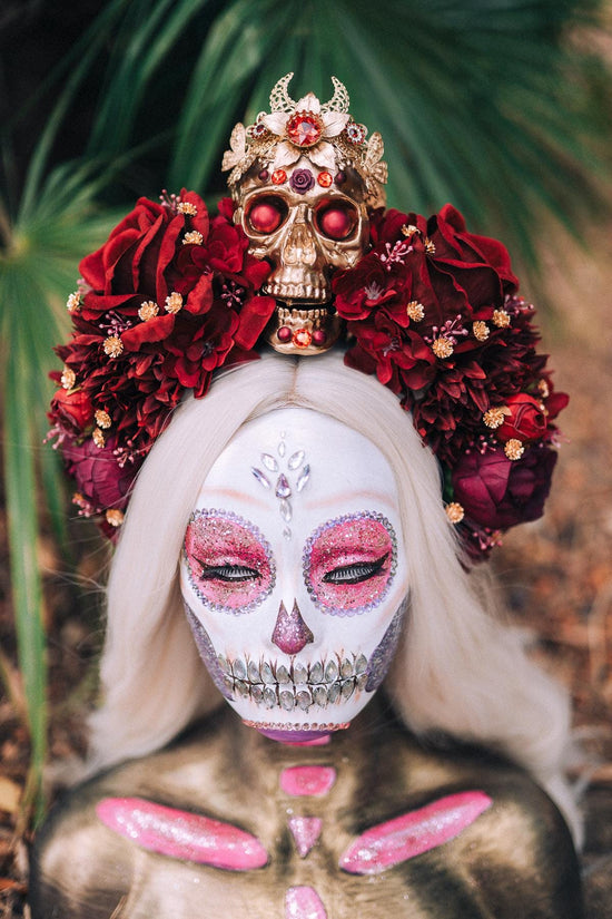 La Catrina Crown, Burgundy Skull Tiara, Day of the Dead Headdress, Floral Sugar Skull Headpiece, Halloween Costume, Dia de los Muertos
