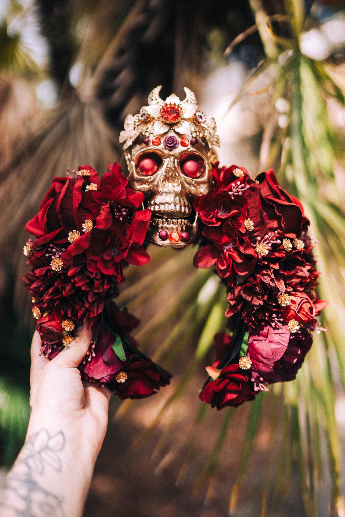 La Catrina Crown, Burgundy Skull Tiara, Day of the Dead Headdress, Floral Sugar Skull Headpiece, Halloween Costume, Dia de los Muertos