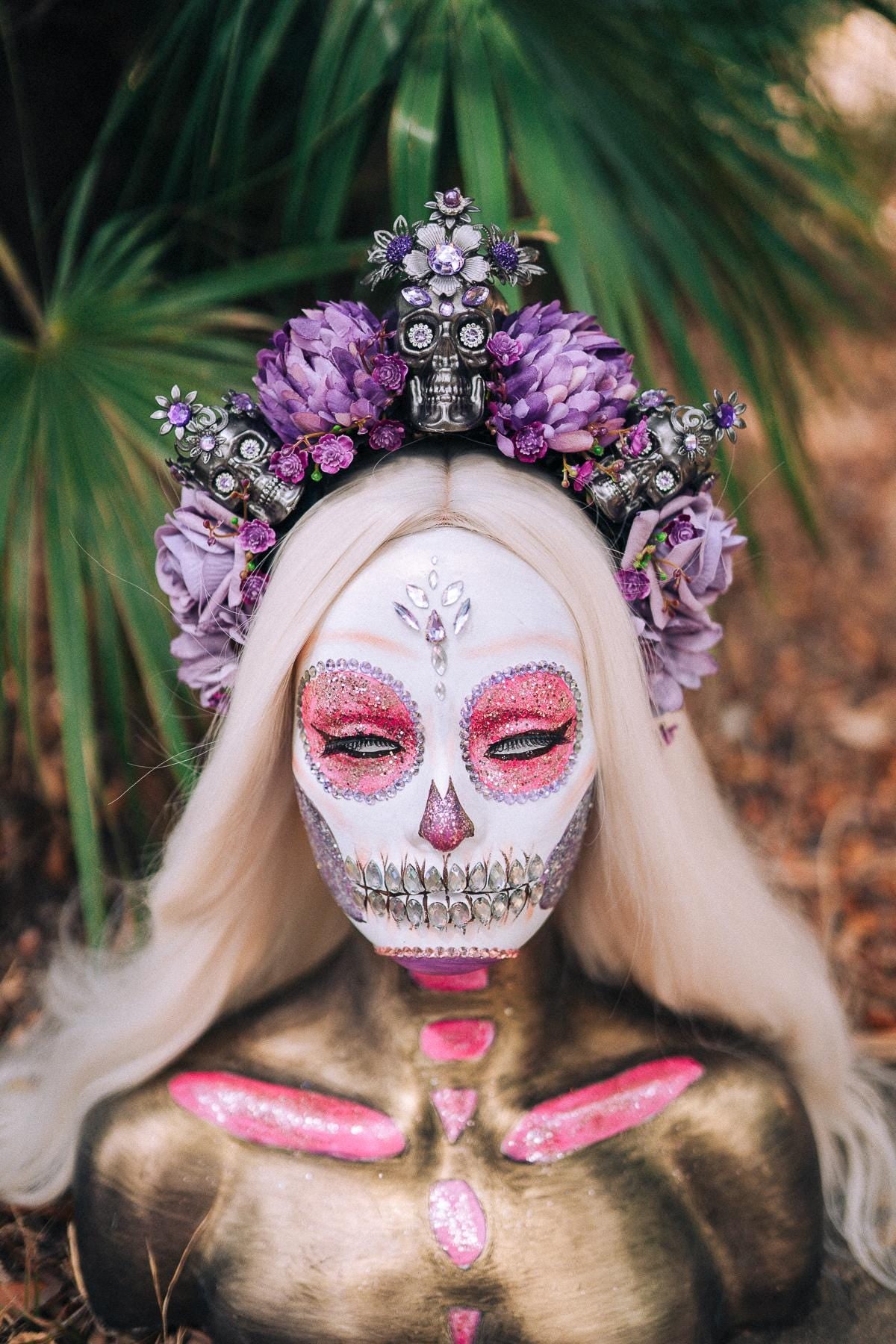 La Catrina Crown, Purple Skull Headpiece, Dia De Los Muertos, Flower Crown, Halloween Costume, Gothic Headdress, Festival Crown, Sugar Skull