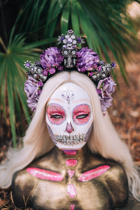 La Catrina Crown, Purple Skull Headpiece, Dia De Los Muertos, Flower Crown, Halloween Costume, Gothic Headdress, Festival Crown, Sugar Skull