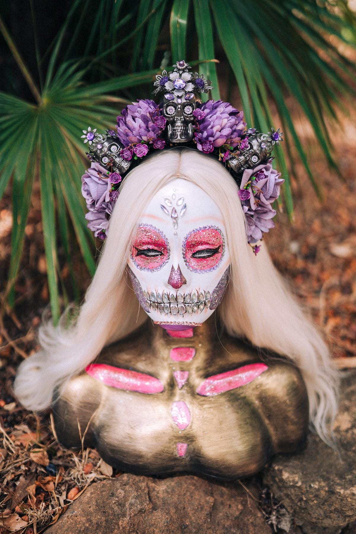 La Catrina Crown, Purple Skull Headpiece, Dia De Los Muertos, Flower Crown, Halloween Costume, Gothic Headdress, Festival Crown, Sugar Skull