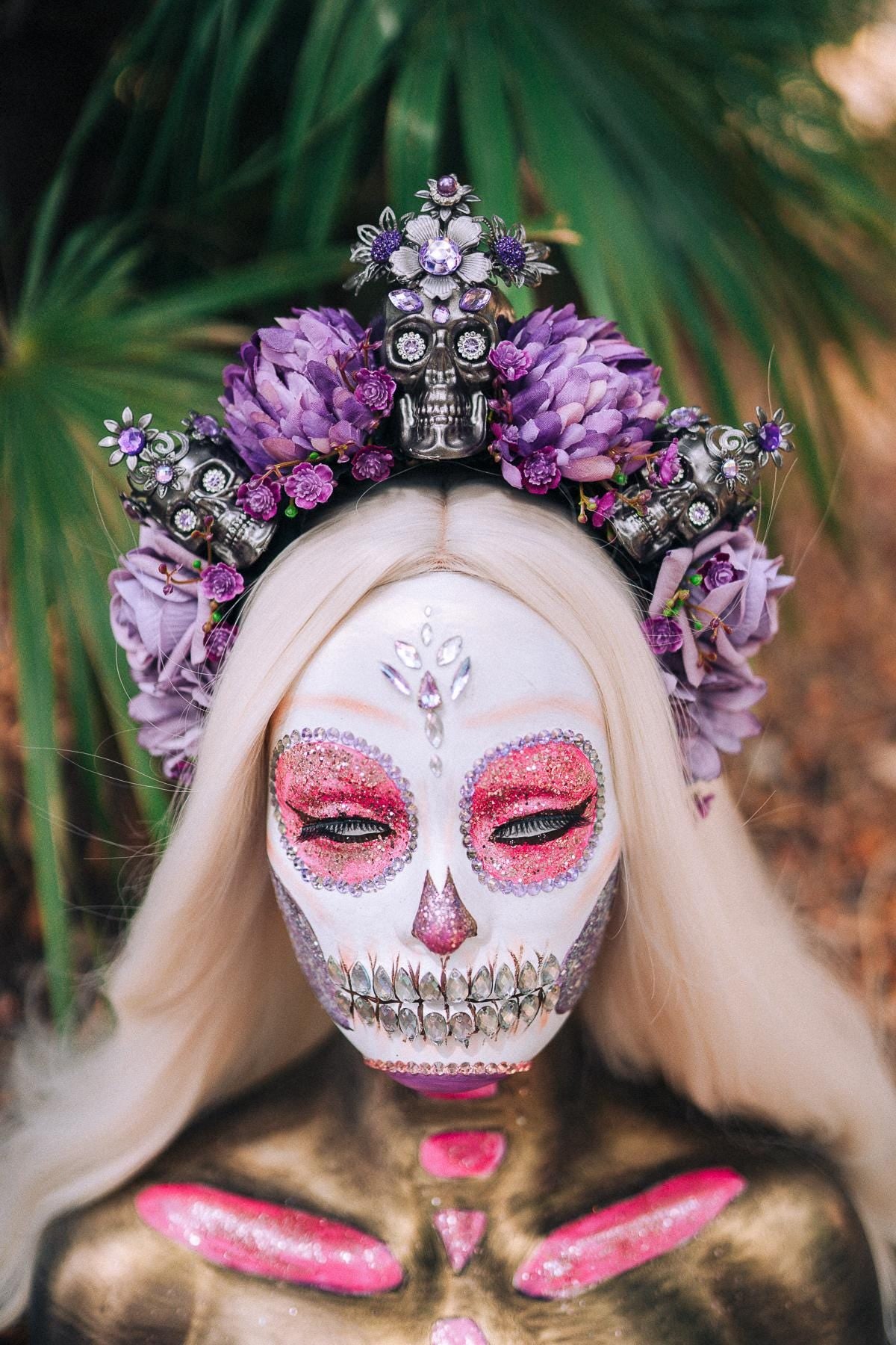 La Catrina Crown, Purple Skull Headpiece, Dia De Los Muertos, Flower Crown, Halloween Costume, Gothic Headdress, Festival Crown, Sugar Skull