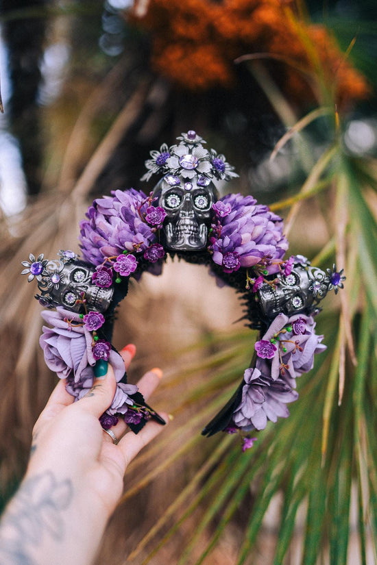 La Catrina Crown, Purple Skull Headpiece, Dia De Los Muertos, Flower Crown, Halloween Costume, Gothic Headdress, Festival Crown, Sugar Skull