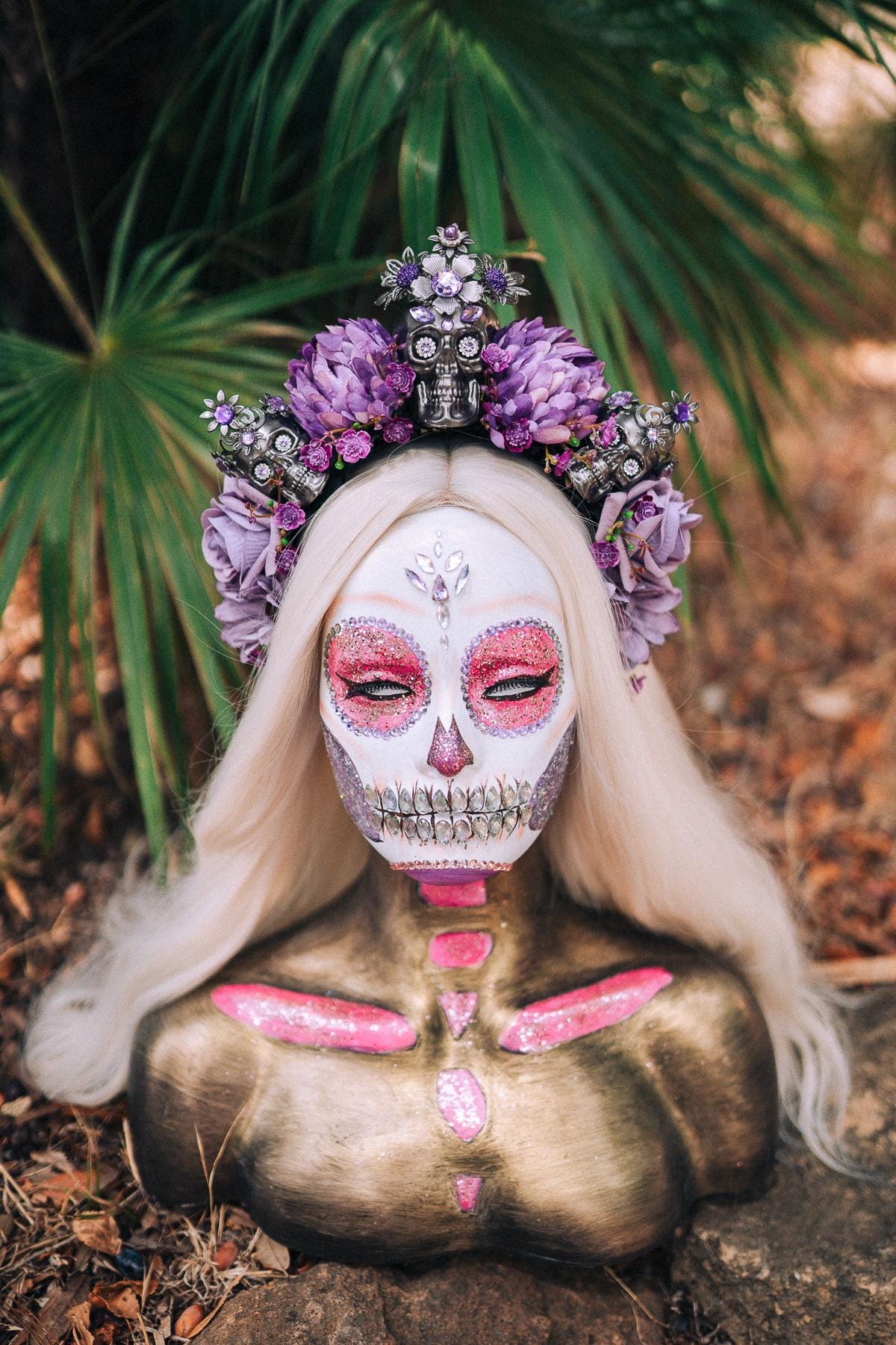 La Catrina Crown, Purple Skull Headpiece, Dia De Los Muertos, Flower Crown, Halloween Costume, Gothic Headdress, Festival Crown, Sugar Skull