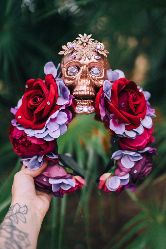 La Catrina Crown, Sugar Skull Headpiece, Red Rose Crown, Día de los Muertos Tiara, Mexican Festival Crown, Halloween Floral Headband