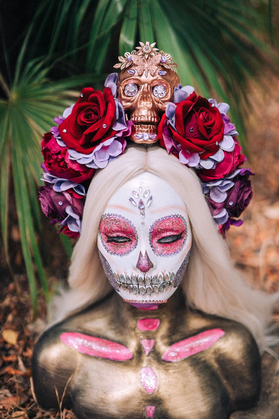 La Catrina Crown, Sugar Skull Headpiece, Red Rose Crown, Día de los Muertos Tiara, Mexican Festival Crown, Halloween Floral Headband