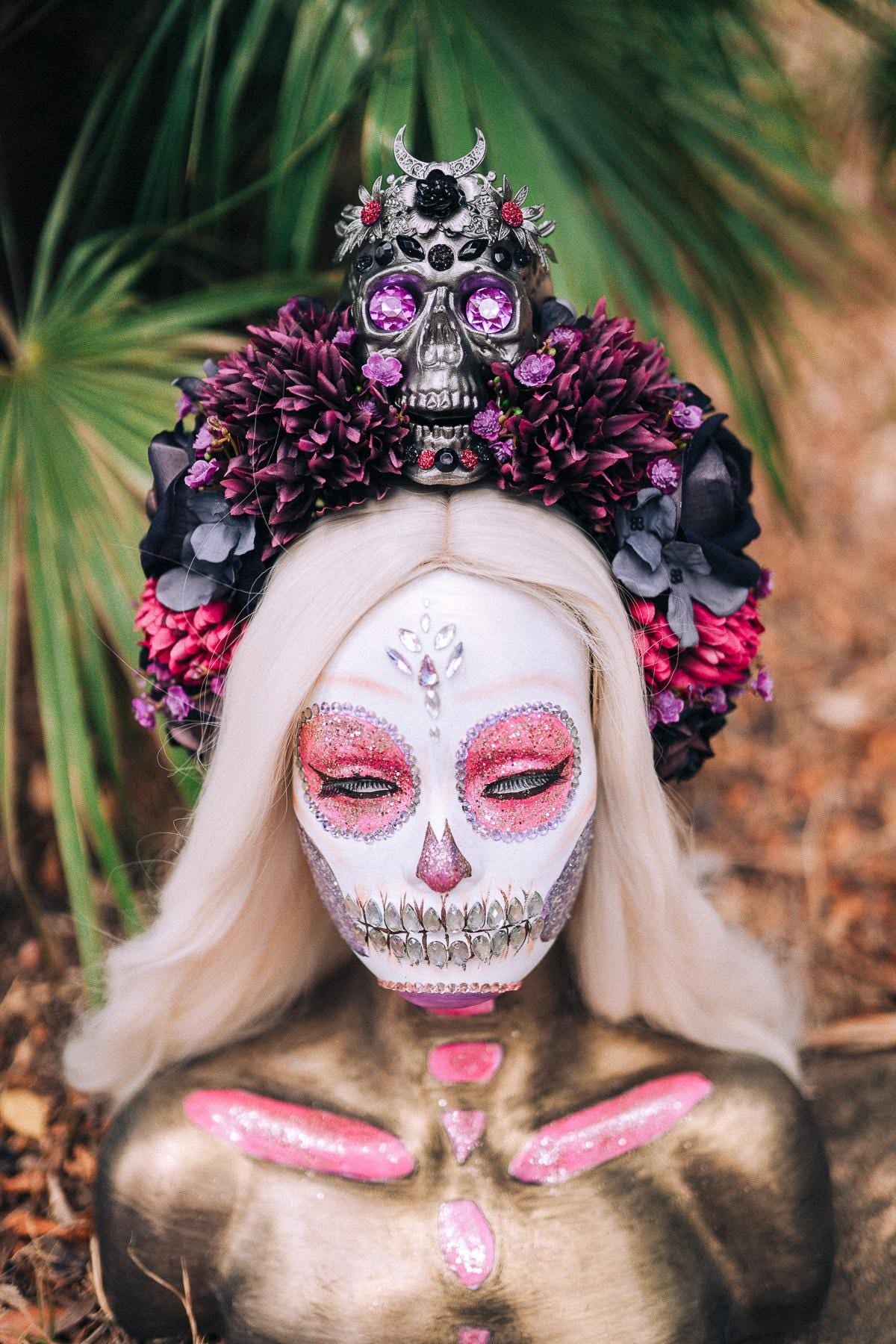 Mystic Skull Crown, La Catrina Headpiece, Purple Gothic Tiara, Day of the Dead Halo, Halloween Flower Crown, Sugar Skull Headdress, Festival