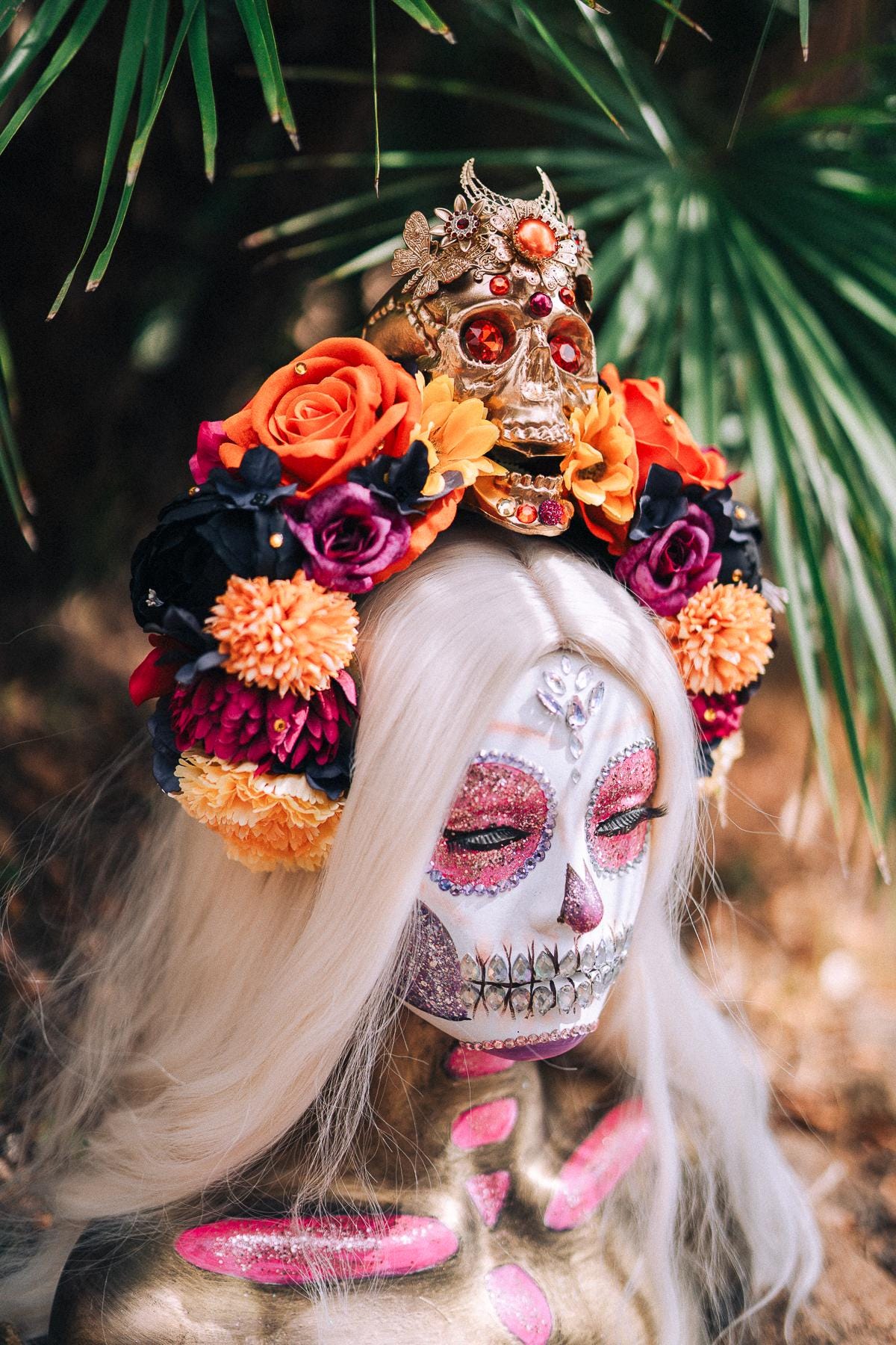 SALE La Catrina Crown, Day of the Dead, Sugar Skull, Orange Roses, Marigold Flowers, Gothic Tiara, Halloween Headpiece, Festival Headdress