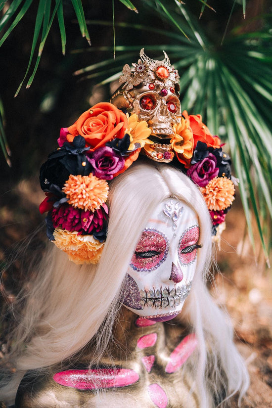 SALE La Catrina Crown, Day of the Dead, Sugar Skull, Orange Roses, Marigold Flowers, Gothic Tiara, Halloween Headpiece, Festival Headdress