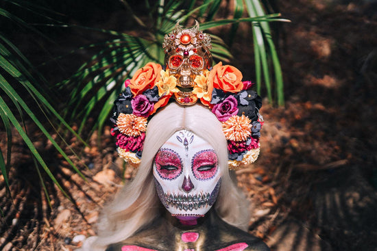 SALE La Catrina Crown, Day of the Dead, Sugar Skull, Orange Roses, Marigold Flowers, Gothic Tiara, Halloween Headpiece, Festival Headdress