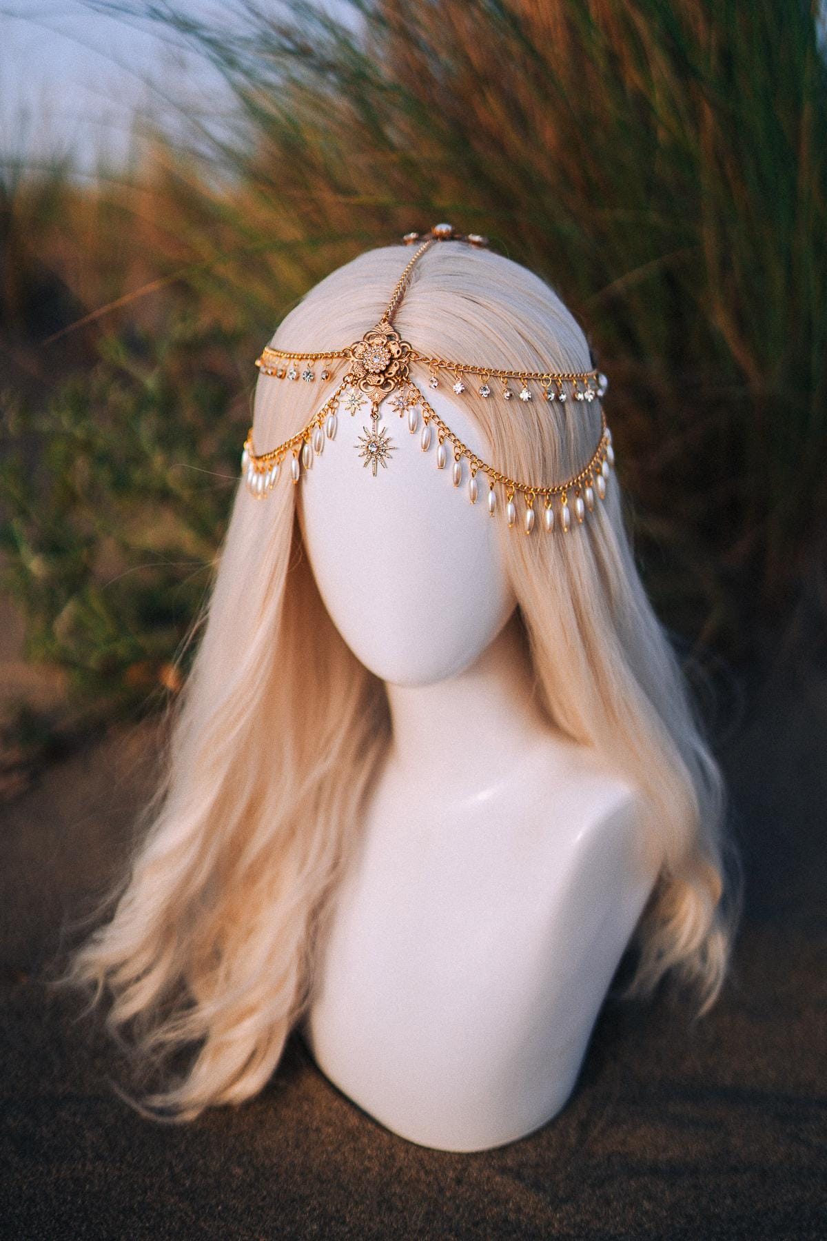 Gold Pearl Chain Tiara, Elegant Bridal Headpiece with Stars Crystals Pearls, Luxury Wedding Crown for Brides Festivals Special Occasions