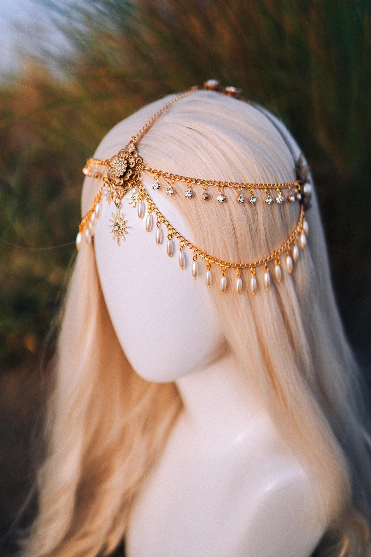 Gold Pearl Chain Tiara, Elegant Bridal Headpiece with Stars Crystals Pearls, Luxury Wedding Crown for Brides Festivals Special Occasions
