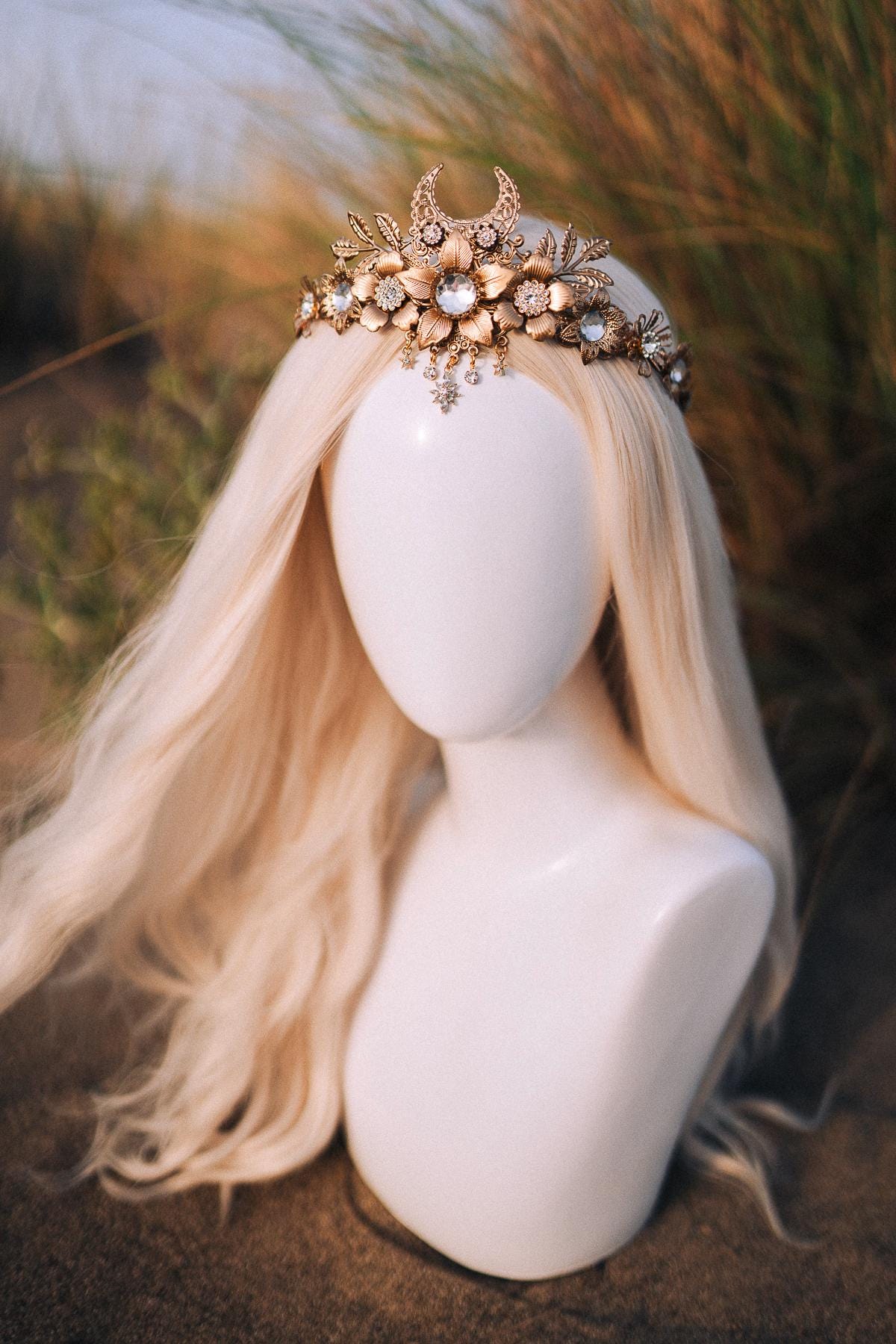 Celestial Moon Crown, Gold Wedding Tiara, Boho Headpiece, Lunar Goddess, Festival Crown, Wiccan Halo, Handmade Fantasy Tiara, Mystic Bride