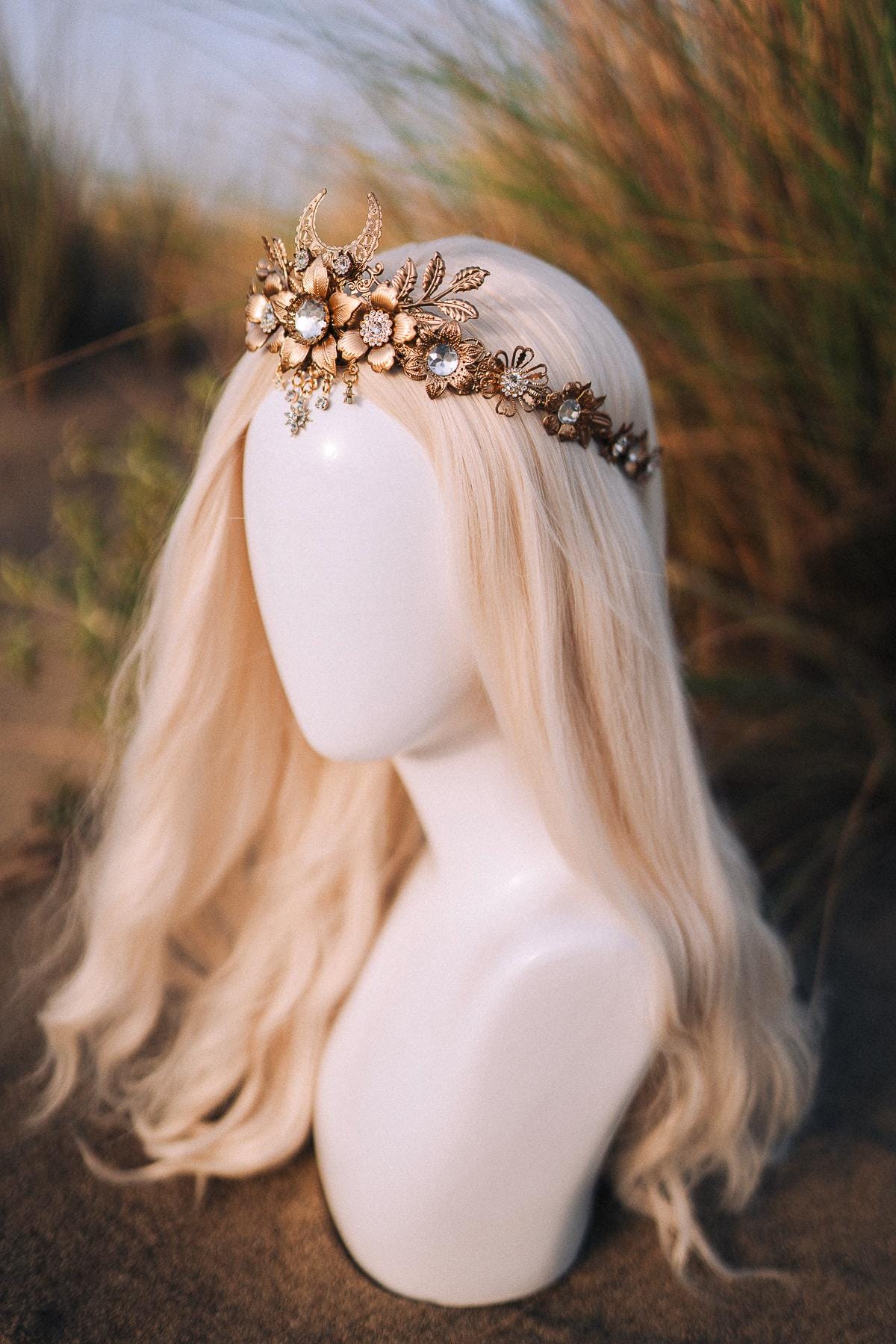 Celestial Moon Crown, Gold Wedding Tiara, Boho Headpiece, Lunar Goddess, Festival Crown, Wiccan Halo, Handmade Fantasy Tiara, Mystic Bride