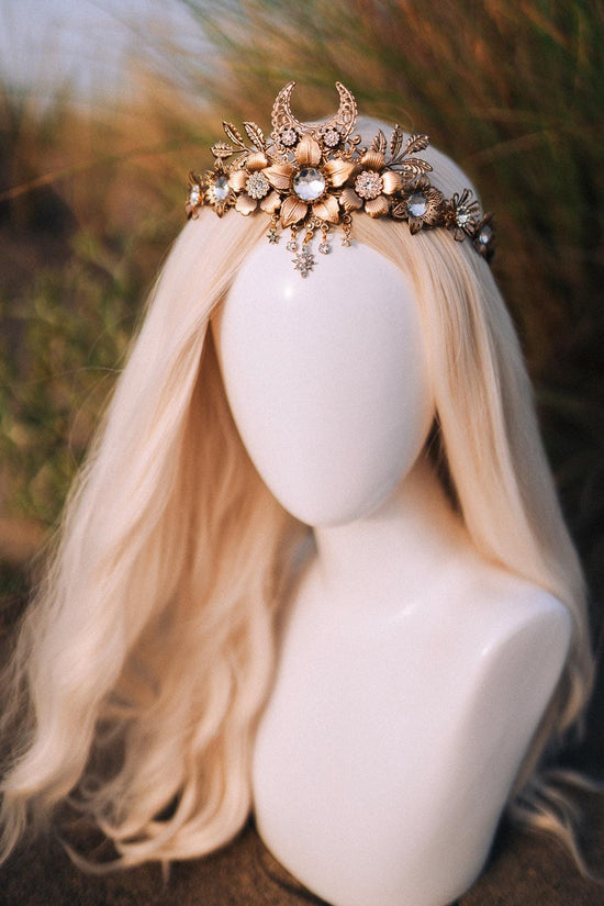 Celestial Moon Crown, Gold Wedding Tiara, Boho Headpiece, Lunar Goddess, Festival Crown, Wiccan Halo, Handmade Fantasy Tiara, Mystic Bride