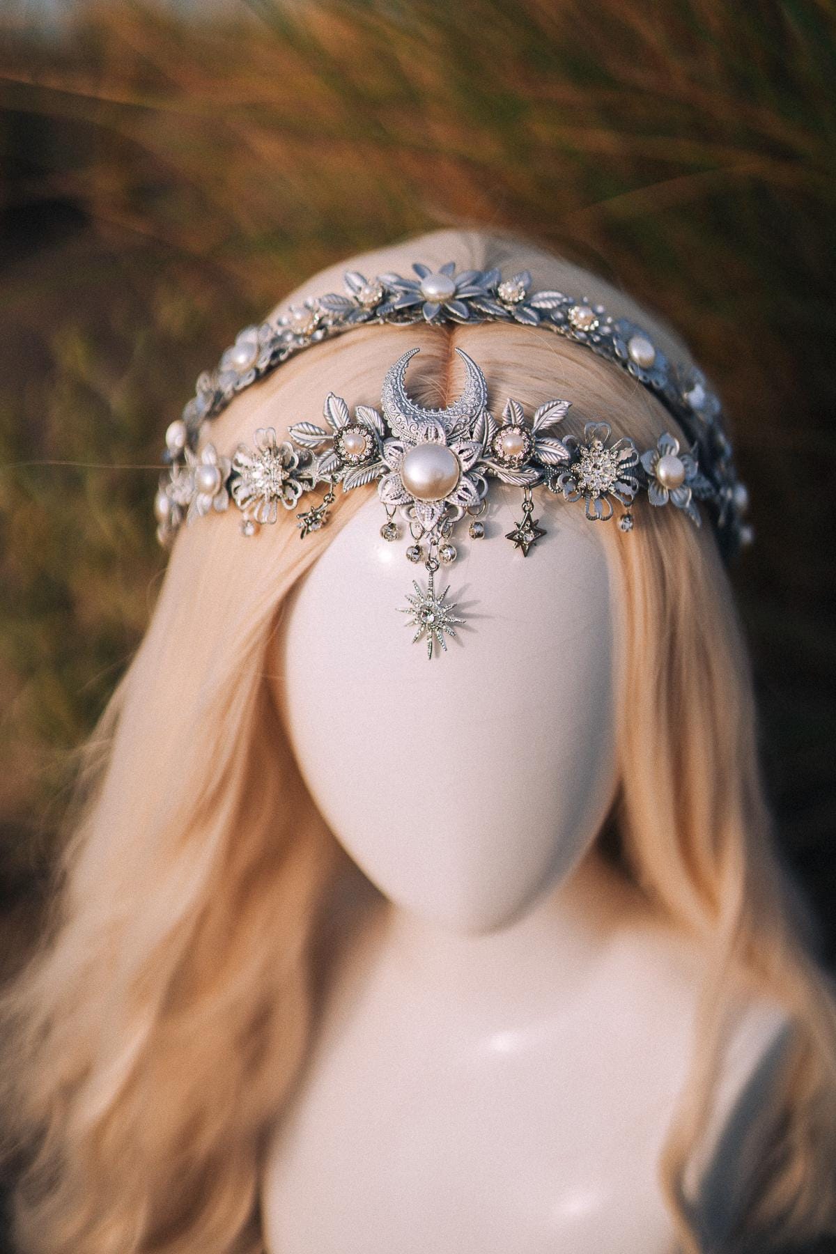 Silver Moon Tiara, Celestial Bridal Crown, Boho Goddess Headpiece, Handmade Pearl Wedding Tiara, Lunar Bride Hair Accessory, Fantasy Tiara