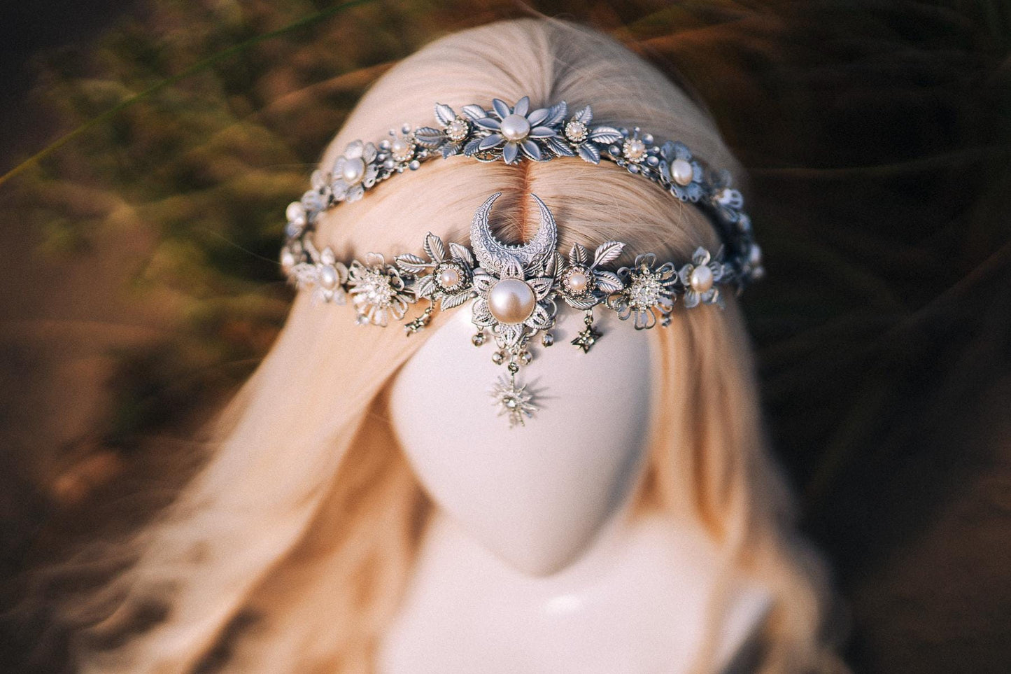 Silver Moon Tiara, Celestial Bridal Crown, Boho Goddess Headpiece, Handmade Pearl Wedding Tiara, Lunar Bride Hair Accessory, Fantasy Tiara