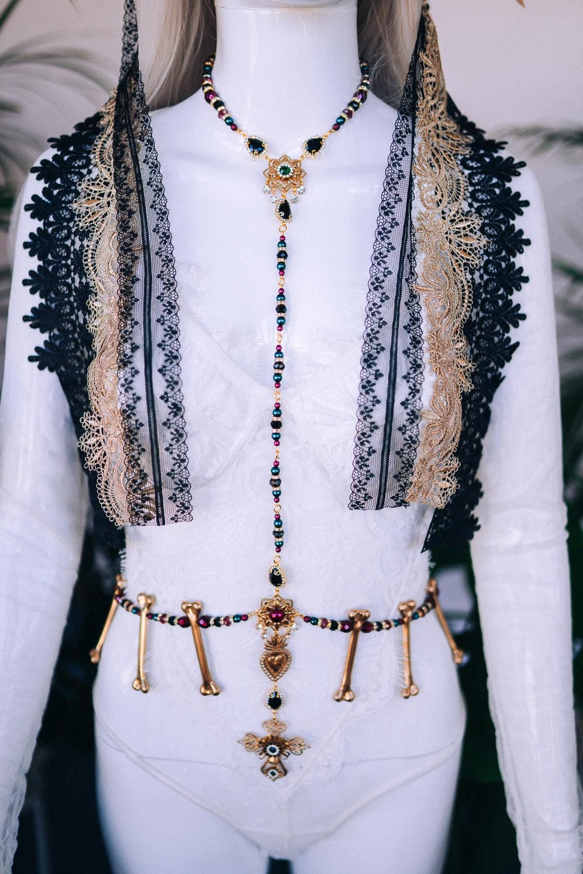 Golden La Catrina Harness Necklace, Dia De Los Muertos Jewelry, Statement Body Chain, Sugar Skull Necklace, Festival Jewelry, Bridal Harness