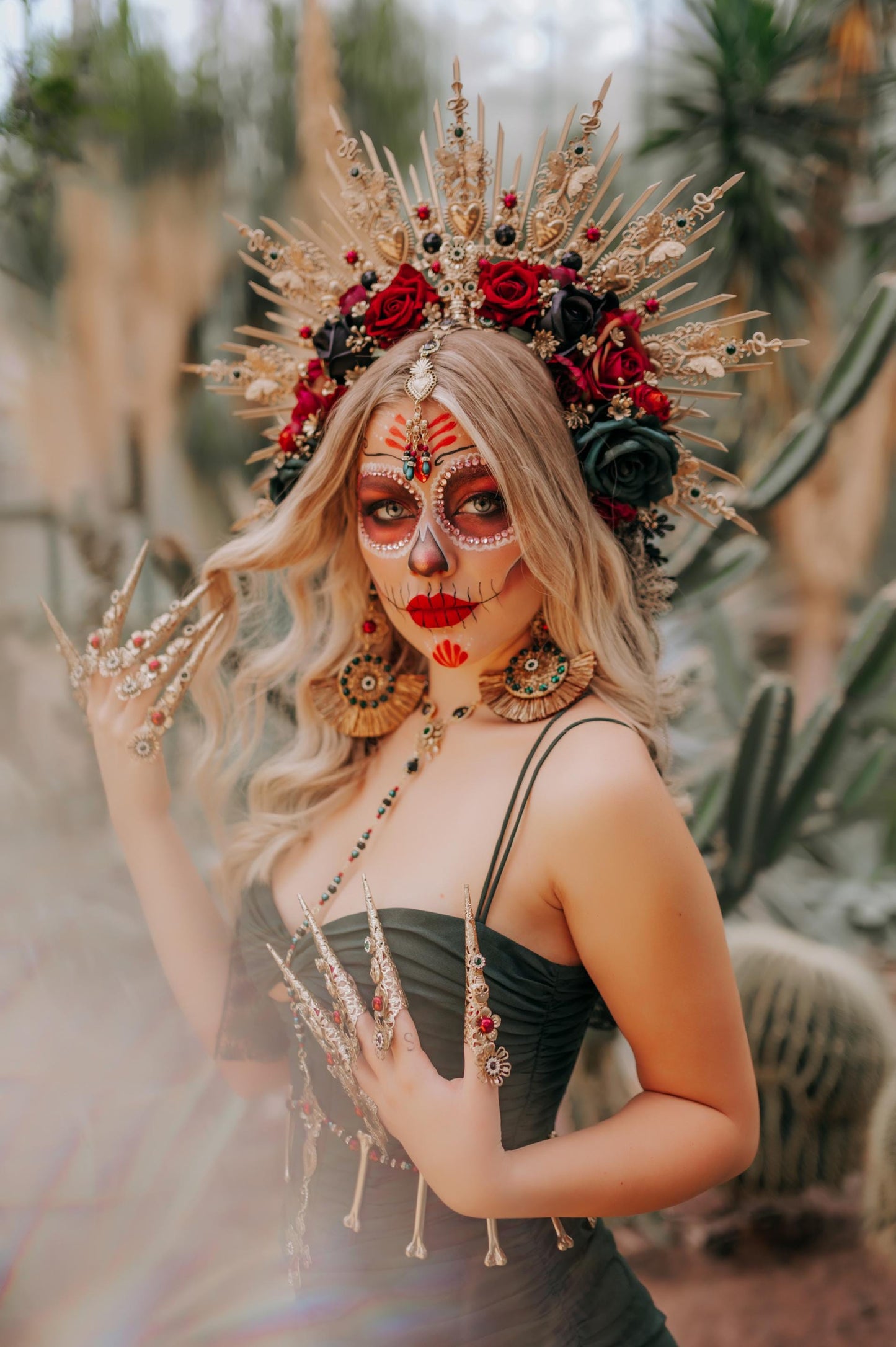 Golden La Catrina Earrings, Statement Earrings, Día De Los Muertos, Emerald Green Jewelry, Festival Jewelry, Skull Earrings, Boho jewelry