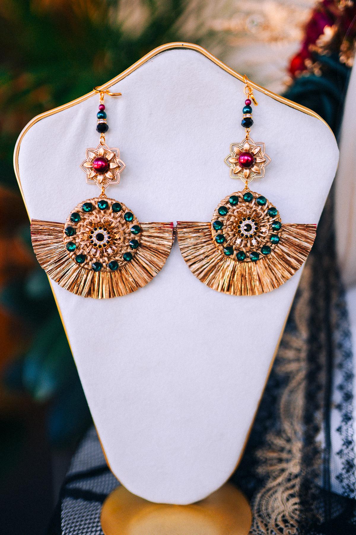 Golden La Catrina Earrings, Statement Earrings, Día De Los Muertos, Emerald Green Jewelry, Festival Jewelry, Skull Earrings, Boho jewelry