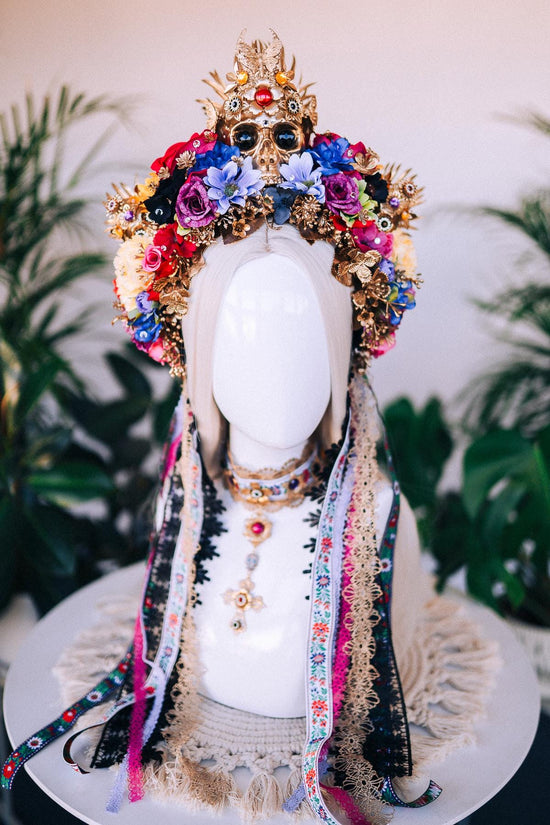 Vibrant La Catrina Flower Crown, Gold Skull Headdress, Colorful Rose Halo, Day of the Dead Headpiece, Handmade Floral Festival Crown