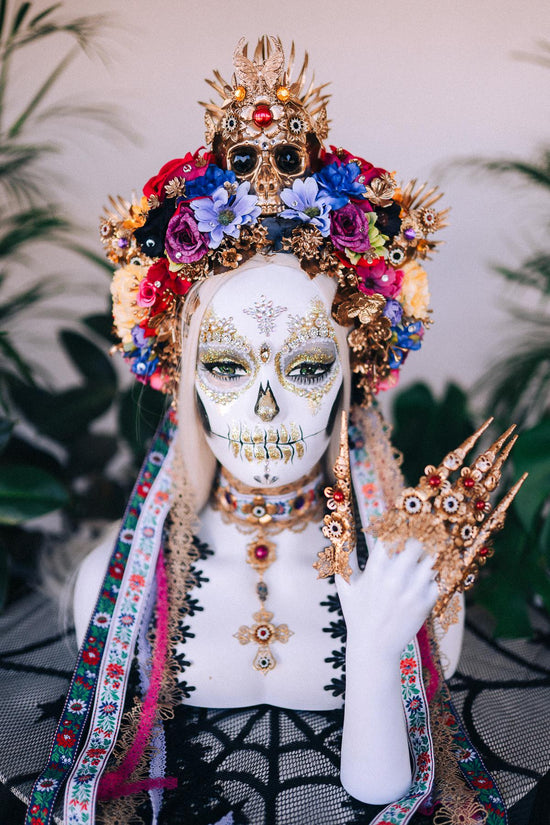 Vibrant La Catrina Flower Crown, Gold Skull Headdress, Colorful Rose Halo, Day of the Dead Headpiece, Handmade Floral Festival Crown