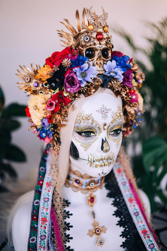 Vibrant La Catrina Flower Crown, Gold Skull Headdress, Colorful Rose Halo, Day of the Dead Headpiece, Handmade Floral Festival Crown