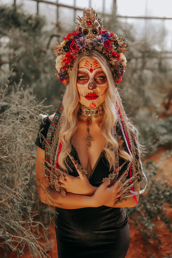 Vibrant La Catrina Flower Crown, Gold Skull Headdress, Colorful Rose Halo, Day of the Dead Headpiece, Handmade Floral Festival Crown