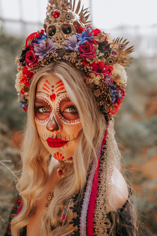 Vibrant La Catrina Flower Crown, Gold Skull Headdress, Colorful Rose Halo, Day of the Dead Headpiece, Handmade Floral Festival Crown