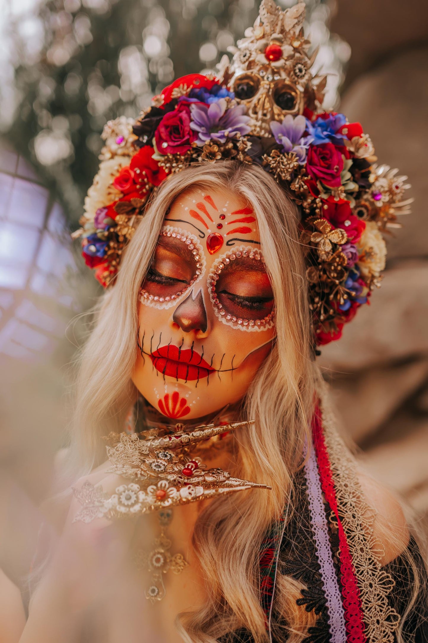 La Catrina Choker Necklace, Gold Filigree Choker, Red Black Beaded Necklace, Día de los Muertos Jewelry, Gothic Festival Choker, Handmade