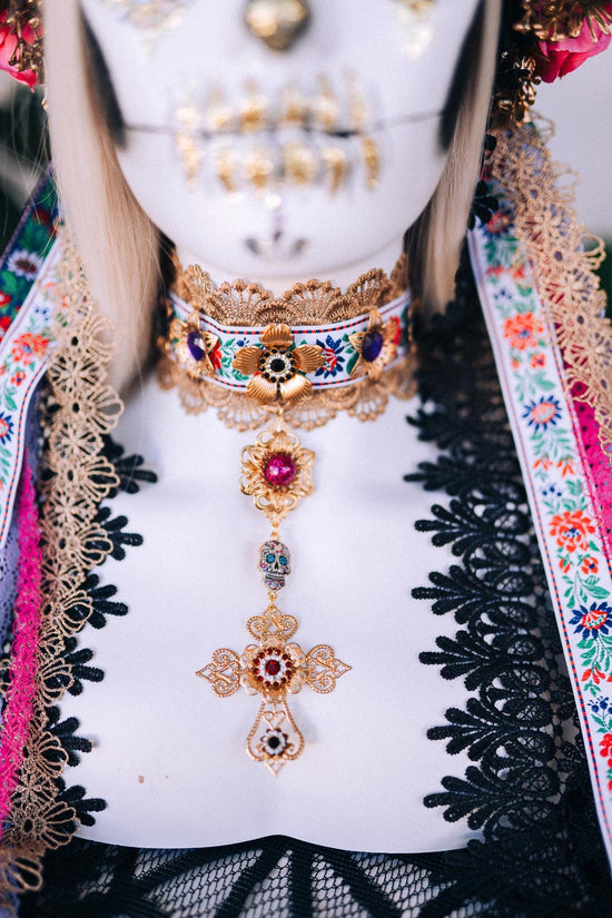 La Catrina Choker Necklace, Gold Filigree Choker, Red Black Beaded Necklace, Día de los Muertos Jewelry, Gothic Festival Choker, Handmade