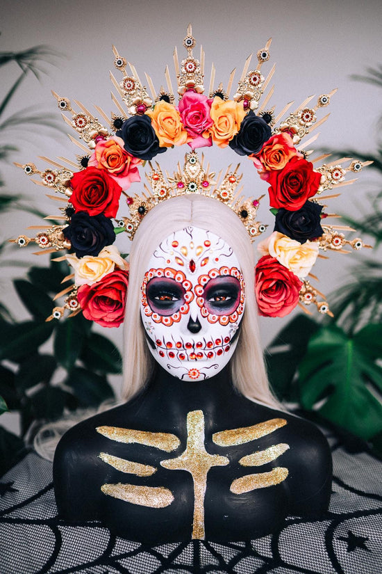 La Catrina Halo Crown, Flower Crown, Gold Headpiece, Red Roses, Black Roses, Marigold, Dia De Los Muertos, Sugar Skull, Mexican Crown
