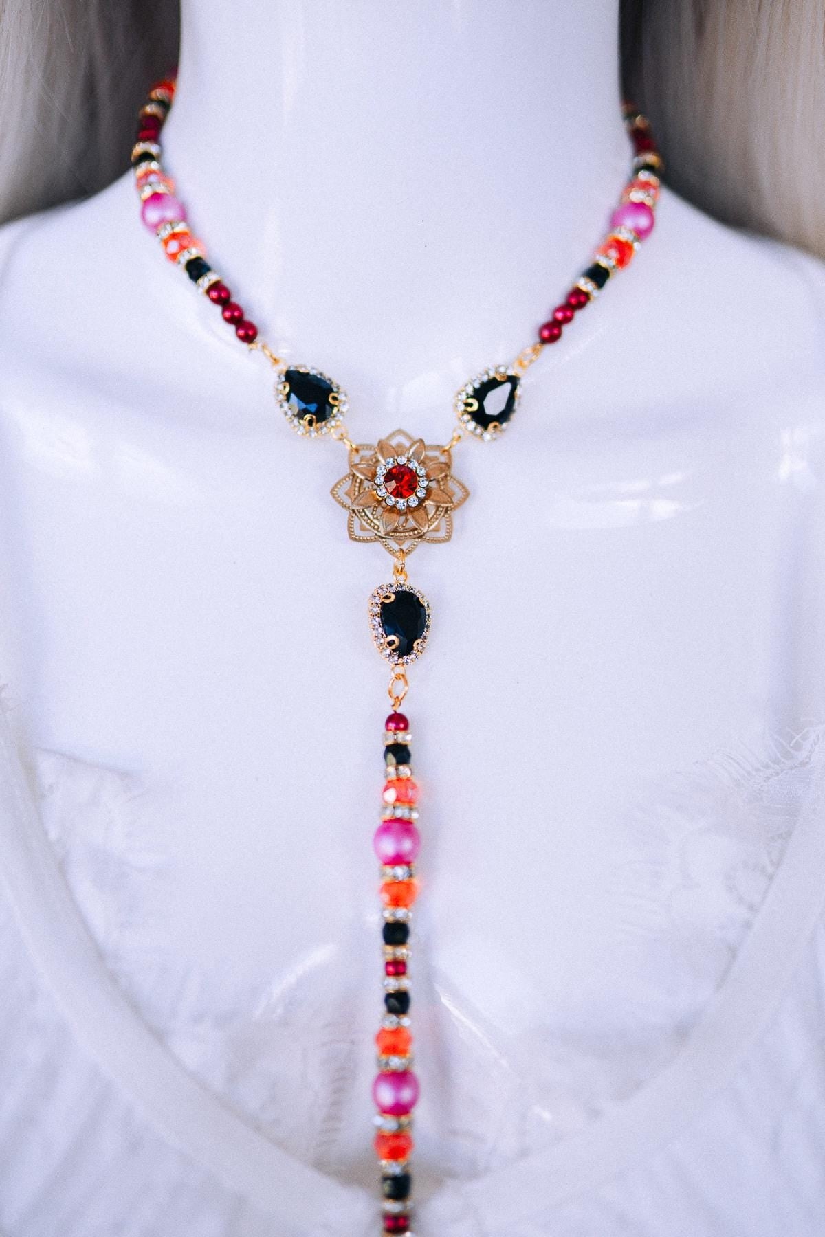 La Catrina Harness Necklace, Gold Body Chain, Red Black Beaded Jewelry, Cross Pendant, Statement Festival Jewelry, Elegant Gothic Style