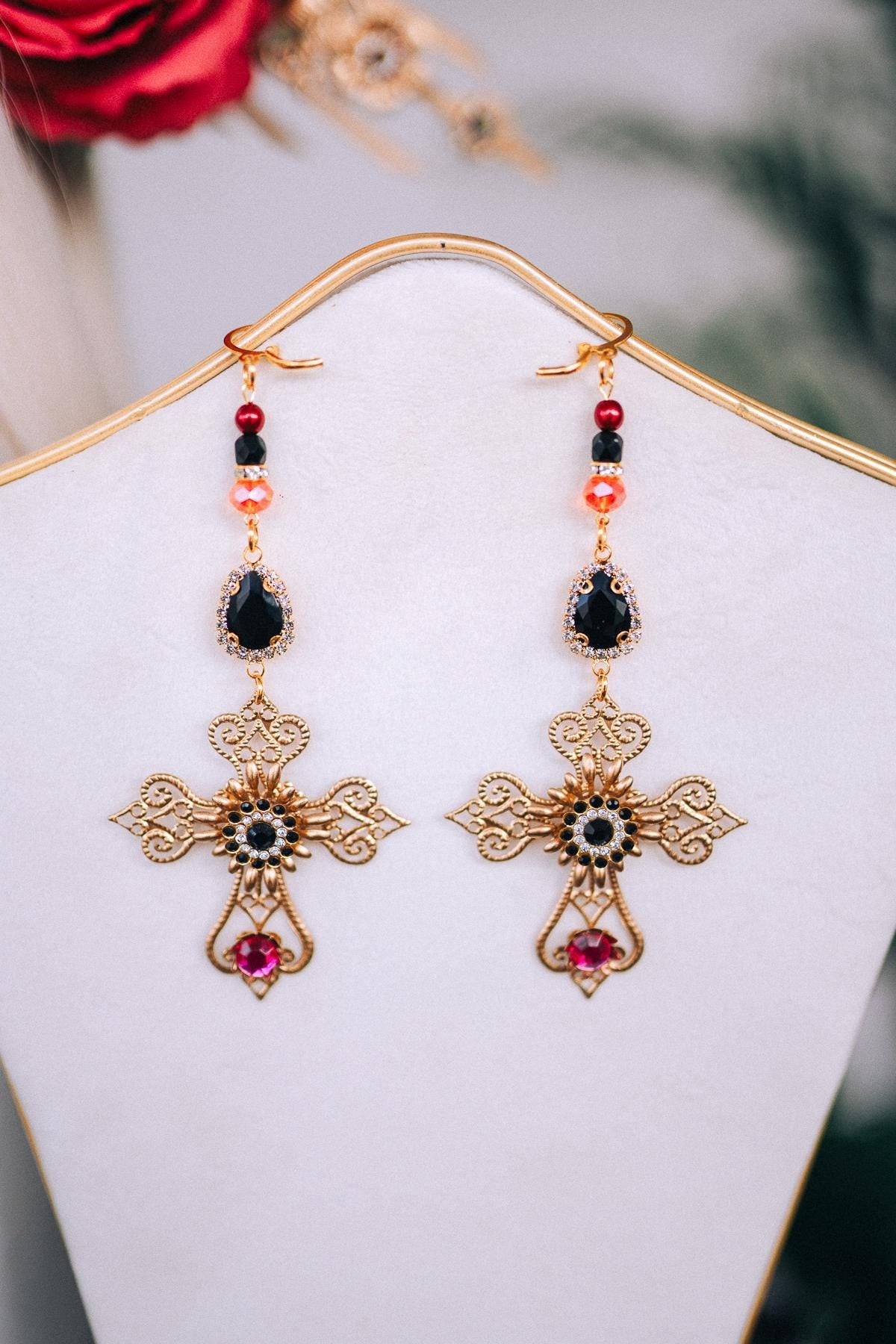 La Catrina Earrings, Gold Cross, Red Black Beads, Dangle Earrings, Gothic Jewelry, Festival Accessories, Handmade Earrings, Statement